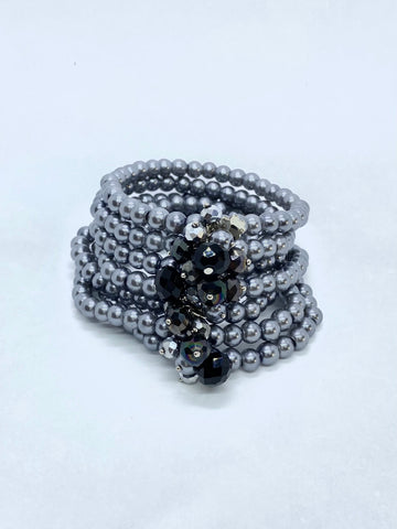 Bracelete de Pérolas de Vidro Cinza com Cristais Black Metalizados - Cod.10394